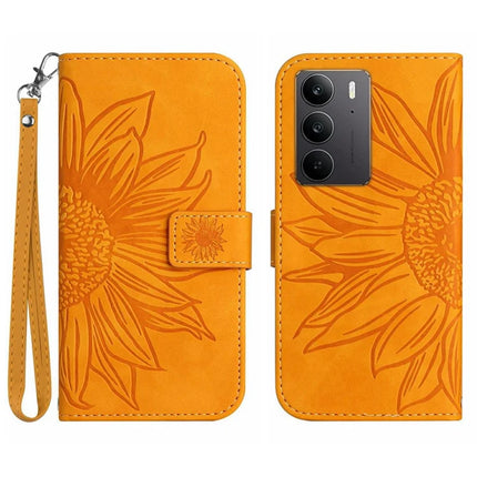 For Realme C75 Case Sunflower Imprint Leather Wallet Phone Cover with Wrist Strap - Yellow