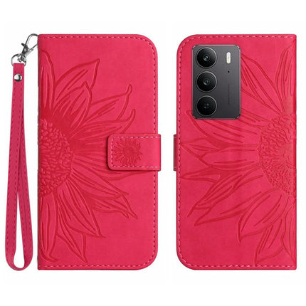 For Realme C75 Case Sunflower Imprint Leather Wallet Phone Cover with Wrist Strap - Rose