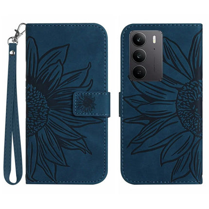 For Realme C75 Case Sunflower Imprint Leather Wallet Phone Cover with Wrist Strap - Dark Blue