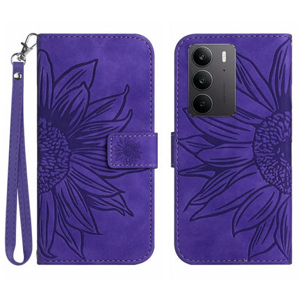 For Realme C75 Case Sunflower Imprint Leather Wallet Phone Cover with Wrist Strap - Dark Purple