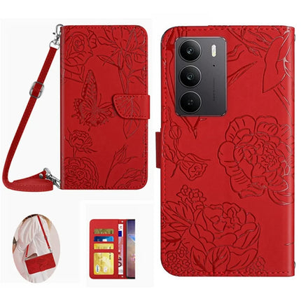 For Realme C75 Case Butterfly Flower Imprint Leather Phone Cover with Shoulder Strap - Red