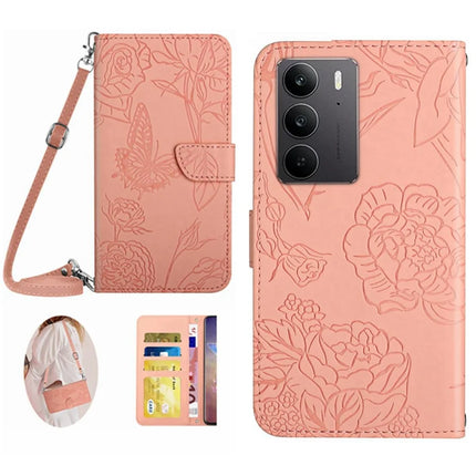 For Realme C75 Case Butterfly Flower Imprint Leather Phone Cover with Shoulder Strap - Pink
