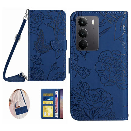 For Realme C75 Case Butterfly Flower Imprint Leather Phone Cover with Shoulder Strap - Blue
