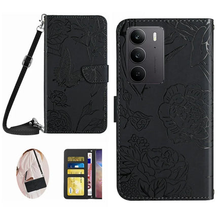 For Realme C75 Case Butterfly Flower Imprint Leather Phone Cover with Shoulder Strap - Black