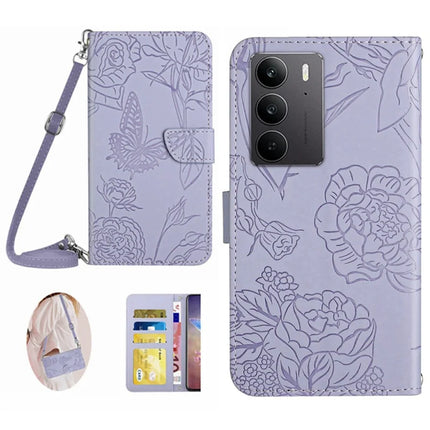 For Realme C75 Case Butterfly Flower Imprint Leather Phone Cover with Shoulder Strap - Purple