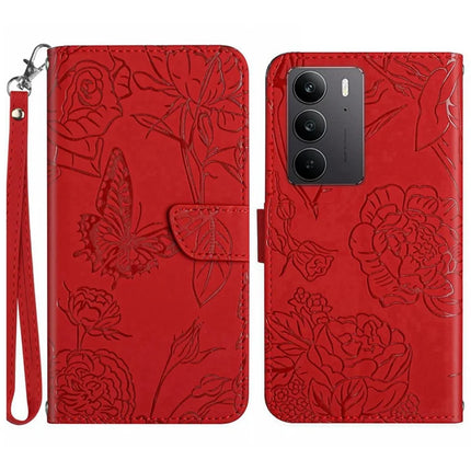 For Realme C75 Case Leather Phone Cover with Strap, Butterfly Flower Imprint - Red