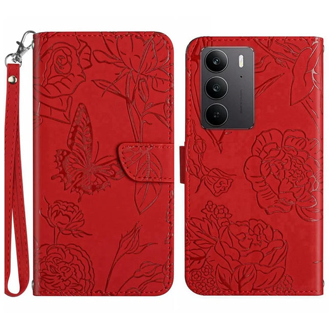 For Realme C75 Case Leather Phone Cover with Strap, Butterfly Flower Imprint - Red