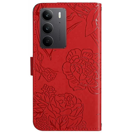 For Realme C75 Case Leather Phone Cover with Strap, Butterfly Flower Imprint