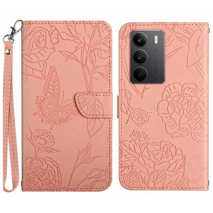 For Realme C75 Case Leather Phone Cover with Strap, Butterfly Flower Imprint - Pink