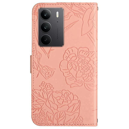 For Realme C75 Case Leather Phone Cover with Strap, Butterfly Flower Imprint