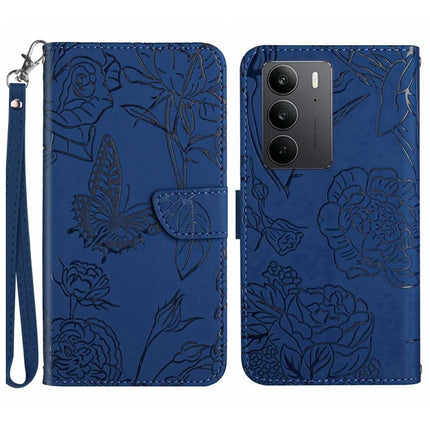 For Realme C75 Case Leather Phone Cover with Strap, Butterfly Flower Imprint - Blue