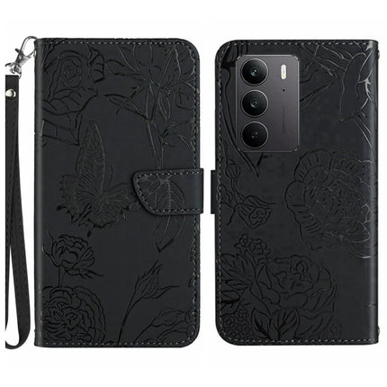 For Realme C75 Case Leather Phone Cover with Strap, Butterfly Flower Imprint - Black