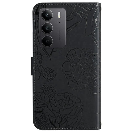 For Realme C75 Case Leather Phone Cover with Strap, Butterfly Flower Imprint