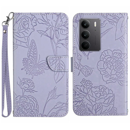 For Realme C75 Case Leather Phone Cover with Strap, Butterfly Flower Imprint - Purple