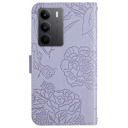 For Realme C75 Case Leather Phone Cover with Strap, Butterfly Flower Imprint
