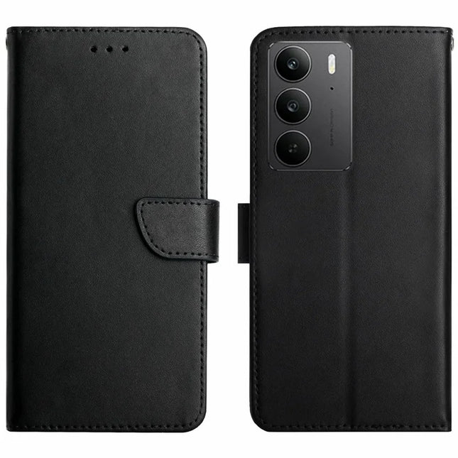 For Realme C75 Case Genuine Cow Leather Phone Cover Nappa Texture - Black