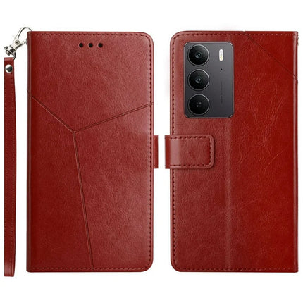 For Realme C75 Case Y-Shaped Lines Imprint Leather Phone Cover - Brown