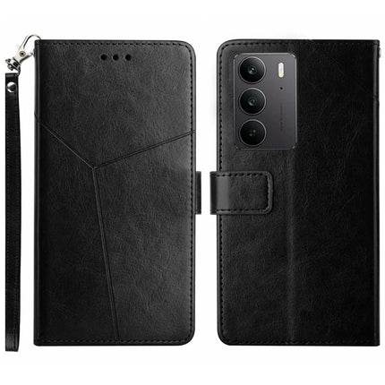 For Realme C75 Case Y-Shaped Lines Imprint Leather Phone Cover - Black