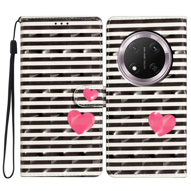 For Honor Magic7 Lite 5G / X9c 5G / X60 Pro 5G Case PU Leather Wallet Phone Cover 3D Pattern Printing - Stripes / Heart