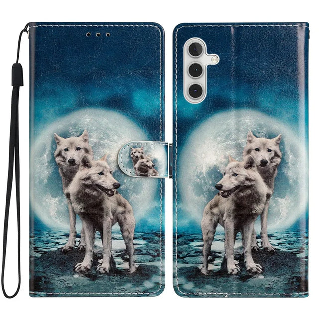 For Samsung Galaxy A56 5G Wallet Case PU Leather Pattern Printing Stand Phone Cover with Strap - Two Wolves