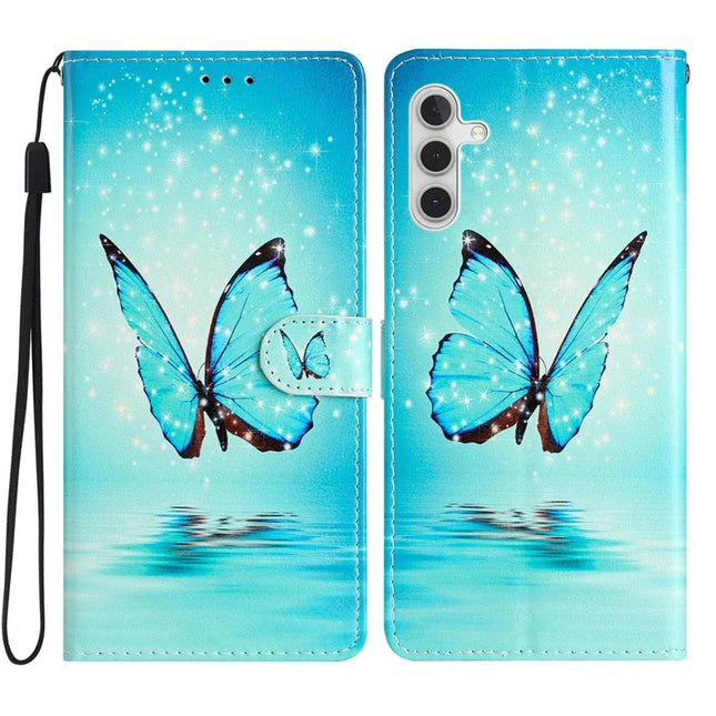 For Samsung Galaxy A56 5G Wallet Case PU Leather Pattern Printing Stand Phone Cover with Strap - Blue Butterfly
