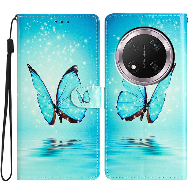 For Honor Magic7 Lite 5G / X9c 5G / X60 Pro 5G Wallet Case PU Leather Pattern Printing Stand Phone Cover with Strap - Blue Butterfly