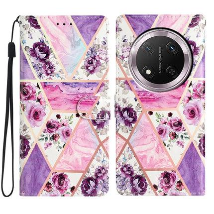 For Honor Magic7 Lite 5G / X9c 5G / X60 Pro 5G Wallet Case PU Leather Pattern Printing Stand Phone Cover with Strap - Purple Flowers