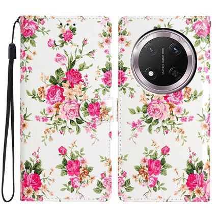 For Honor Magic7 Lite 5G / X9c 5G / X60 Pro 5G Wallet Case PU Leather Pattern Printing Stand Phone Cover with Strap - Red Flowers
