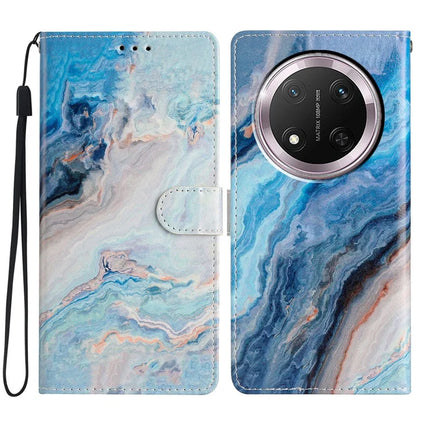 For Honor Magic7 Lite 5G / X9c 5G / X60 Pro 5G Wallet Case PU Leather Pattern Printing Stand Phone Cover with Strap - Blue Marble