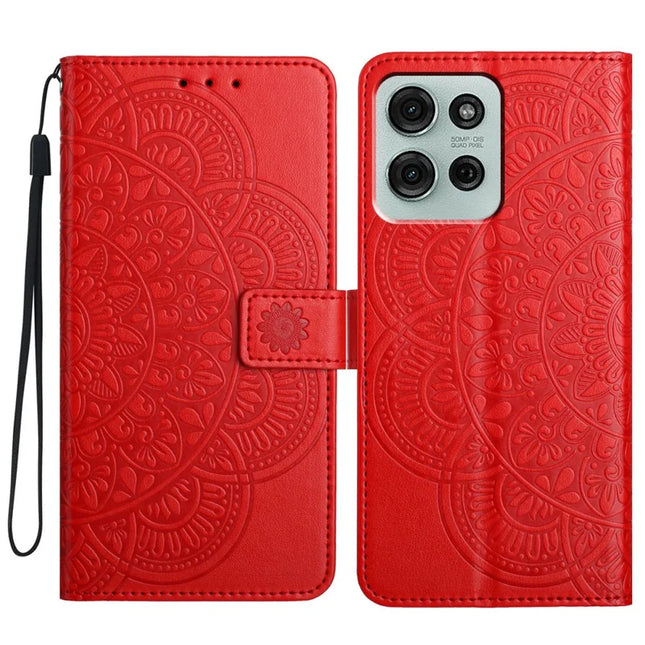 For Motorola Moto G75 5G Leather Case with Card Slots Mandala Pattern Phone Cover Stand - Red