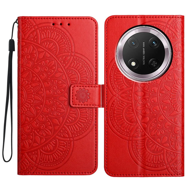 For Honor Magic7 Lite 5G / X9c 5G / X60 Pro 5G Leather Case with Card Slots Mandala Pattern Phone Cover Stand - Red