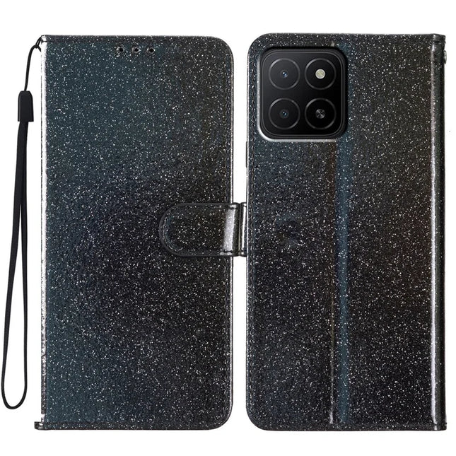 For Honor X5b Plus  /  X5b Wallet Case Glitter Anti-Scratch Leather Phone Cover Stand - Black