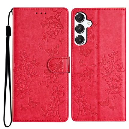 For Samsung Galaxy A26 5G Wallet Phone Case Butterfly Floral Imprint Leather Flip Cover - Red