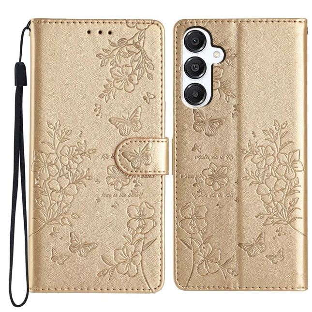 For Samsung Galaxy A56 5G Wallet Phone Case Butterfly Floral Imprint Leather Flip Cover - Gold