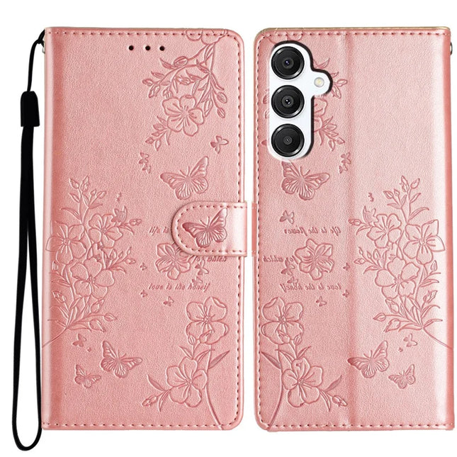 For Samsung Galaxy A56 5G Wallet Phone Case Butterfly Floral Imprint Leather Flip Cover - Rose Gold