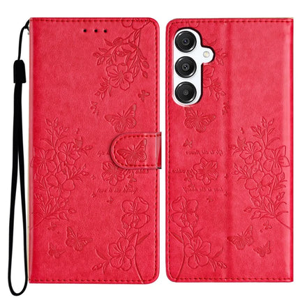 For Samsung Galaxy A56 5G Wallet Phone Case Butterfly Floral Imprint Leather Flip Cover - Red