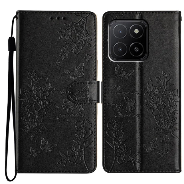 For Honor X5b Plus  /  X5b Wallet Phone Case Butterfly Floral Imprint Leather Flip Cover - Black