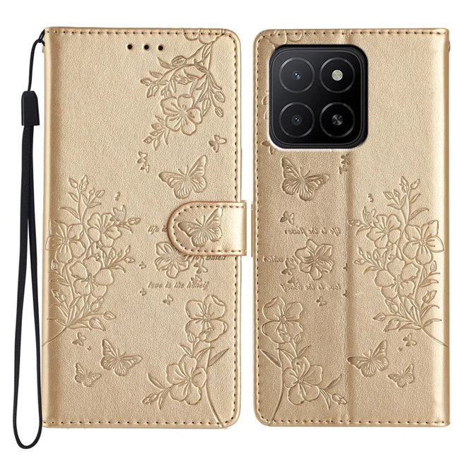 For Honor X5b Plus  /  X5b Wallet Phone Case Butterfly Floral Imprint Leather Flip Cover - Gold