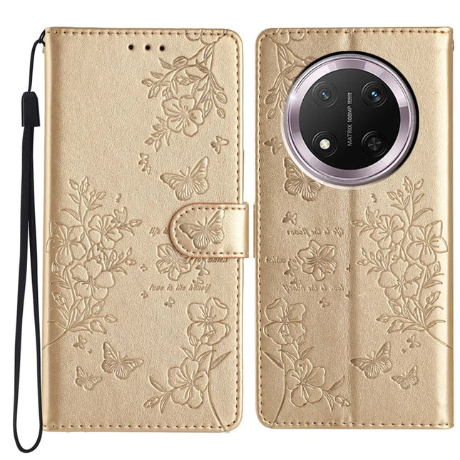 For Honor Magic7 Lite 5G / X9c 5G / X60 Pro 5G Wallet Phone Case Butterfly Floral Imprint Leather Flip Cover - Gold