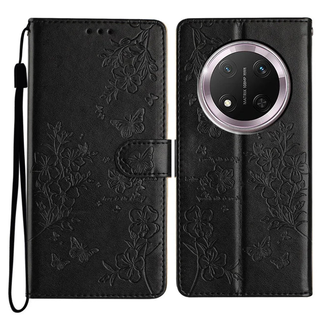 For Honor Magic7 Lite 5G / X9c 5G / X60 Pro 5G Wallet Phone Case Butterfly Floral Imprint Leather Flip Cover - Black
