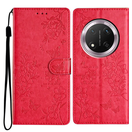 For Honor Magic7 Lite 5G / X9c 5G / X60 Pro 5G Wallet Phone Case Butterfly Floral Imprint Leather Flip Cover - Red