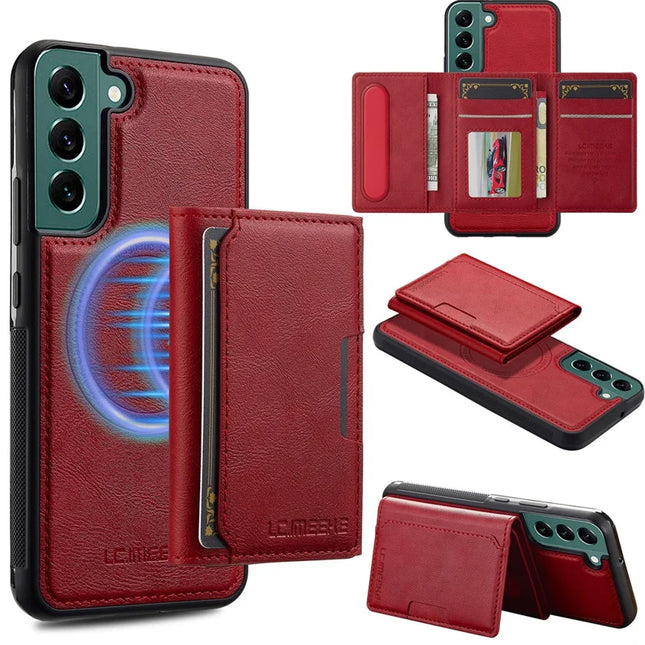 LC.IMEEKE L5 For Samsung	Galaxy S21 FE 5G Magnetic Phone Case Leather Back Cover with Detachable Card Holder - Red