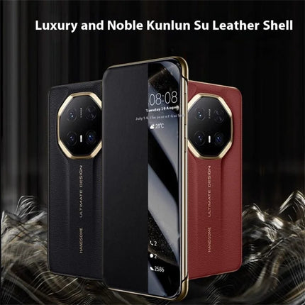 For Huawei Mate 70 RS Ultimate Case Genuine Cow Leather View Window Smart Phone Cover
