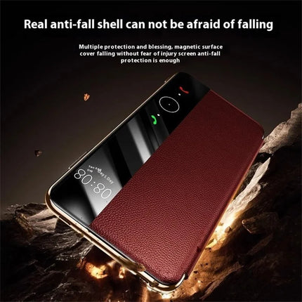 For Huawei Mate 70 Pro+ / Mate 70 Pro Case Genuine Cow Leather View Window Smart Phone Cover