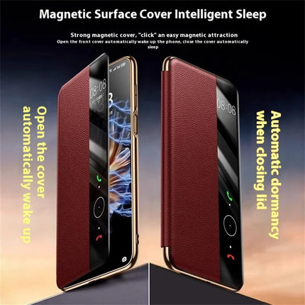 For Huawei Mate 70 Pro+ / Mate 70 Pro Case Genuine Cow Leather View Window Smart Phone Cover