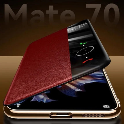For Huawei Mate 70 Pro+ / Mate 70 Pro Case Genuine Cow Leather View Window Smart Phone Cover
