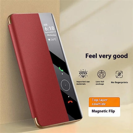 For Huawei Mate 70 Pro+ / Mate 70 Pro Case Genuine Cow Leather View Window Smart Phone Cover
