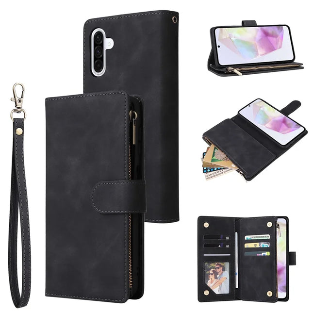 For Samsung Galaxy A26 5G Case Zipper Wallet Multiple Card Slots Leather Phone Cover - Black