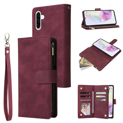 For Samsung Galaxy A26 5G Case Zipper Wallet Multiple Card Slots Leather Phone Cover - Wine Red
