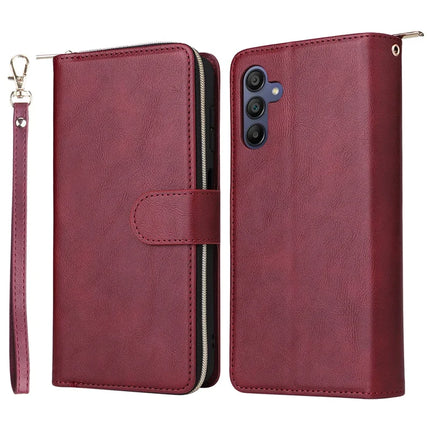 For Samsung Galaxy A26 5G Case Zipper Pocket PU Leather Phone Cover with Hand Strap - Wine Red